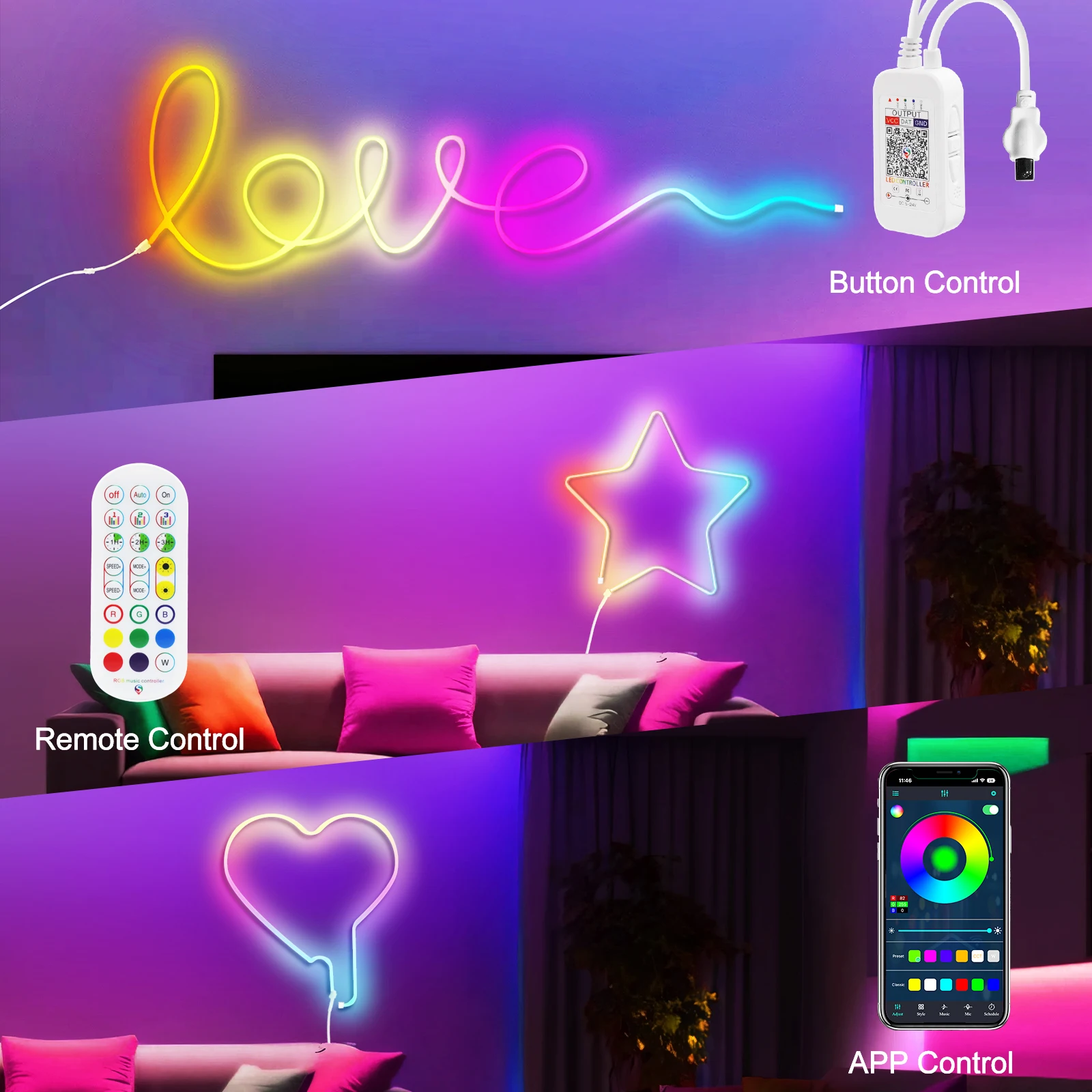 Neon LED Strip Lights 12/24V 84LEDs/M Waterproof Bluetooth RGB Music Sync Control with App/Remote Flexible Silicone Ribbon Tape