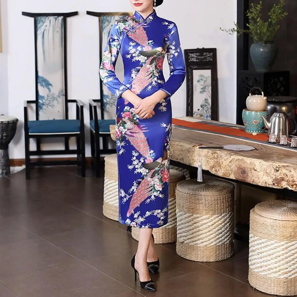 

Semi-stand-up Collar Cheongsam Women Retro Dress Elegant Chinese National Style Floral Print