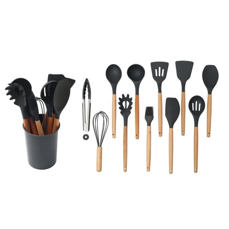 Fashion Design Kitchen Gadgets 12 Pcs Silicone Kitchen Set With Wood Handle