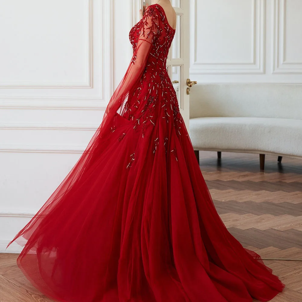 Customized A-line Evening Dresses Floor-length V-neck Full Sleeve Prom Gown Fashion Beading Sequined Backless Draped Party Gown