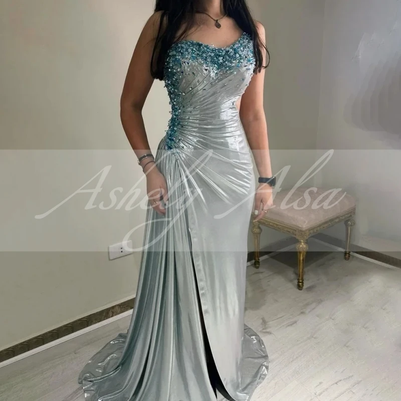 AA1668 Custom Made Luxury Beaded Evening Gown For Women Crystal Ruched Side Slit Prom Party Dress Formal Occasion Wear Vestidos