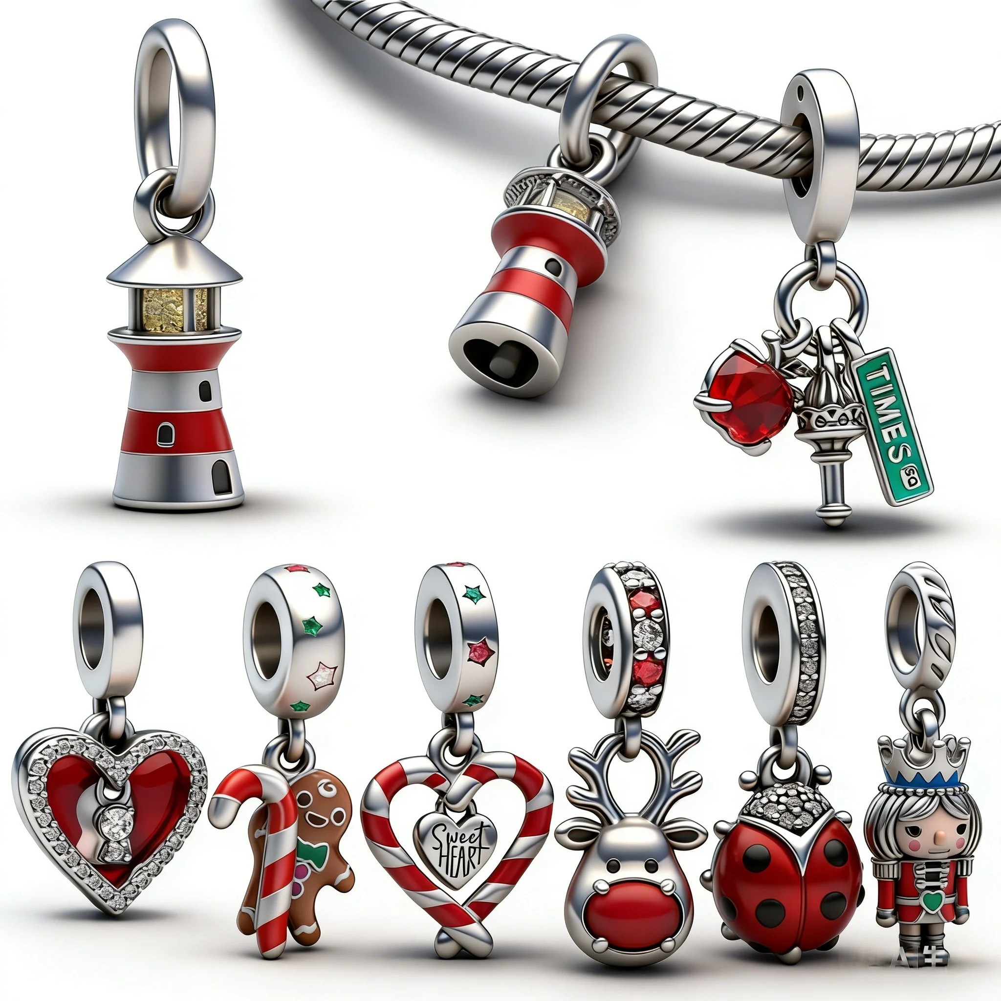 

Lucky 925 Sterling Silver Red Lighthouse&Ladybug&Christmas Gingerbread Man&Elk Dangle Charm Fit DIY Bracelet Blessing Gift