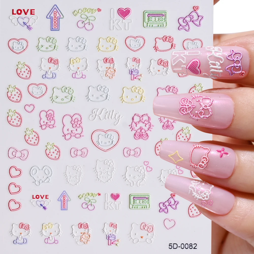 3 Pz/lotto 5D Rosa Rosso Blu Hello Kitty Adesivi Per Unghie In Rilievo Sveglio Del Fumetto Kitty Gatto Arco Decalcomanie Per Unghie Kawaii Kitty Manicure Slider