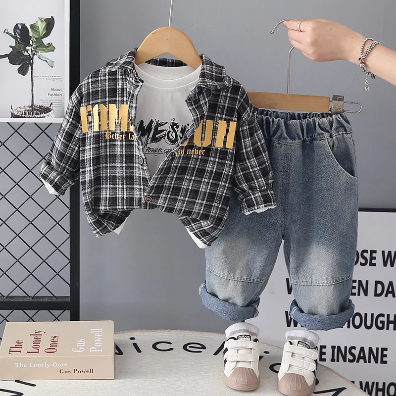 0-5 Years Baby Boys Spring Clothing 2026 New Toddler Boys Casual Letter Plaid Shirts + T-shirts + Jeans 3 Piece Set Kids Outfits