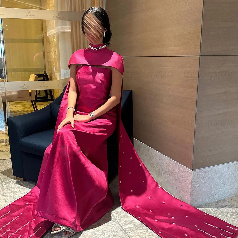 Hot Pink Satin Formal Occasion Dresses 2024 2 Pieces Set Long Ball Gowns Beading Elegant Evening Party Gown فساتين الحفلات