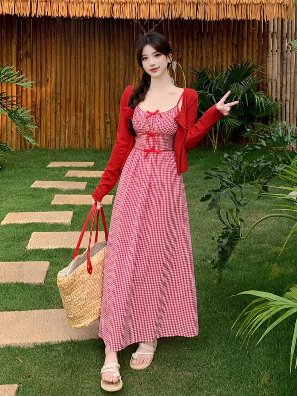 

Летний корейский комплект из двух предметов: платье в клетку с завязками и кардиган для защиты от солнца, повседневный модный наряд для женщин больших размеров