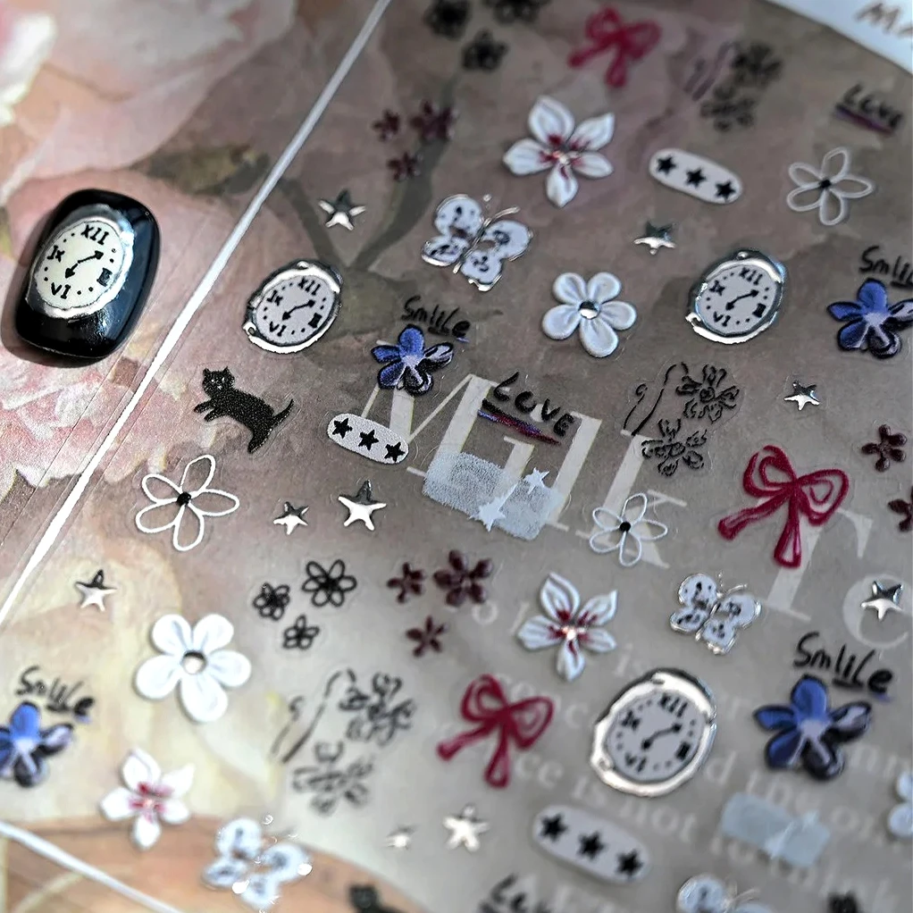 

Silver Metal Butterfly Star Clock Flower Bowknot Cat Love Heart Bunny Apple Rabbit Punk Moon Y2K Nail Art Stickers Tools Decals