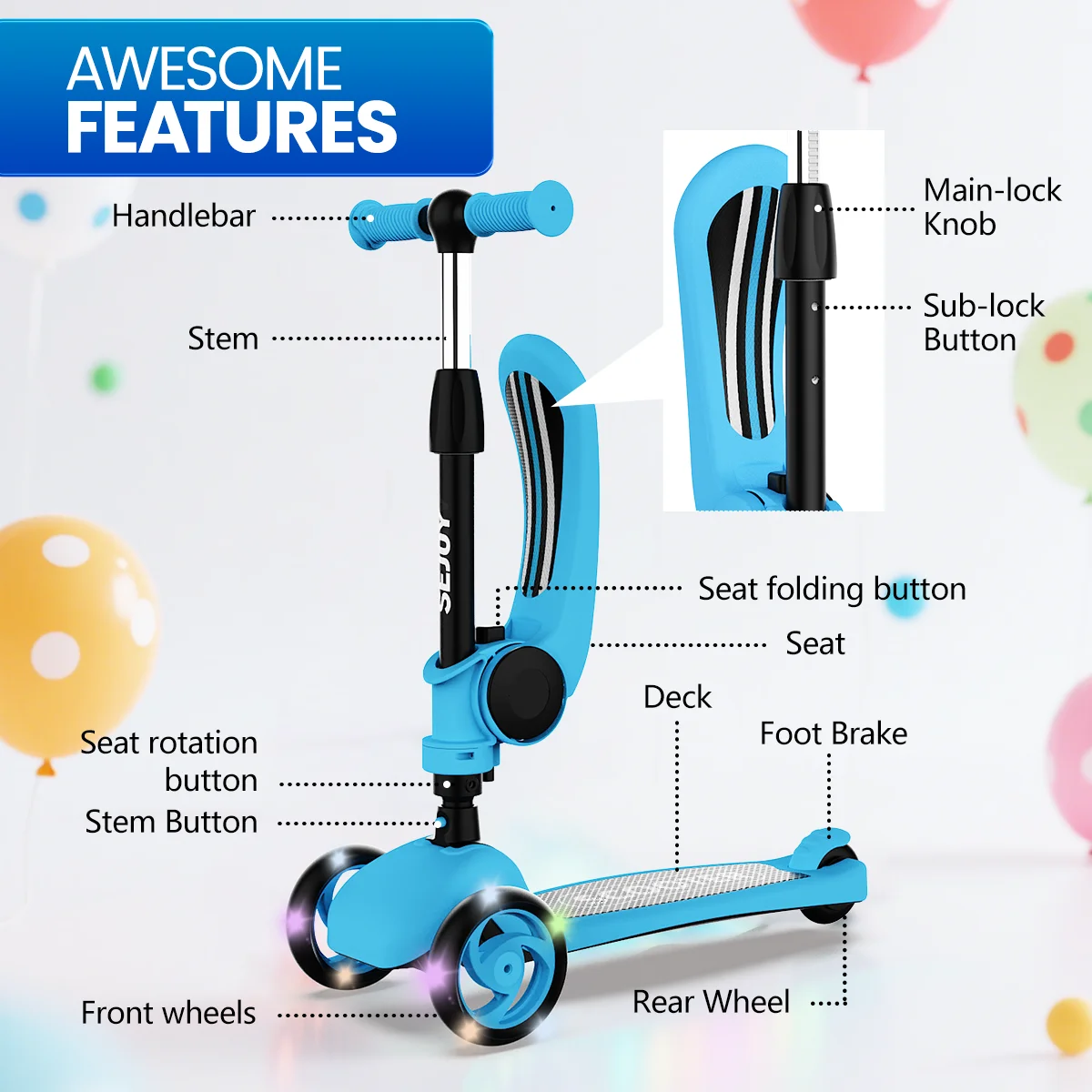 Kick Scooter for Kids with 3-Wheeled LED Lights,Adjustable Lean-to-Steer Handlebar,Foldable Seat,Sit or Stand Ride,for 3-8 Years