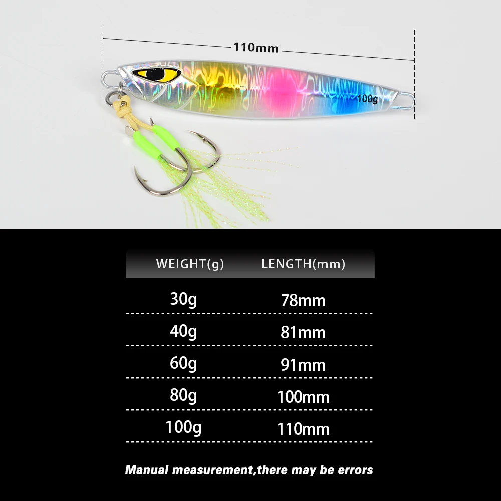 Super Lures 30g 40g 60g 80g 100g Hard Bait Slow Sinking Jigging Metal Fishing Lure Jig Flat Glow Artificial Bait Long Casting