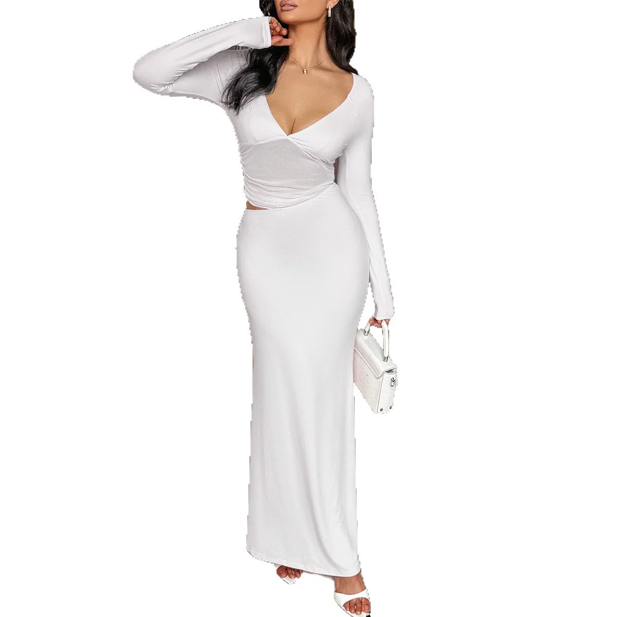 Vestido bodycon de manga comprida slim fit moda feminina 2025 outono inverno