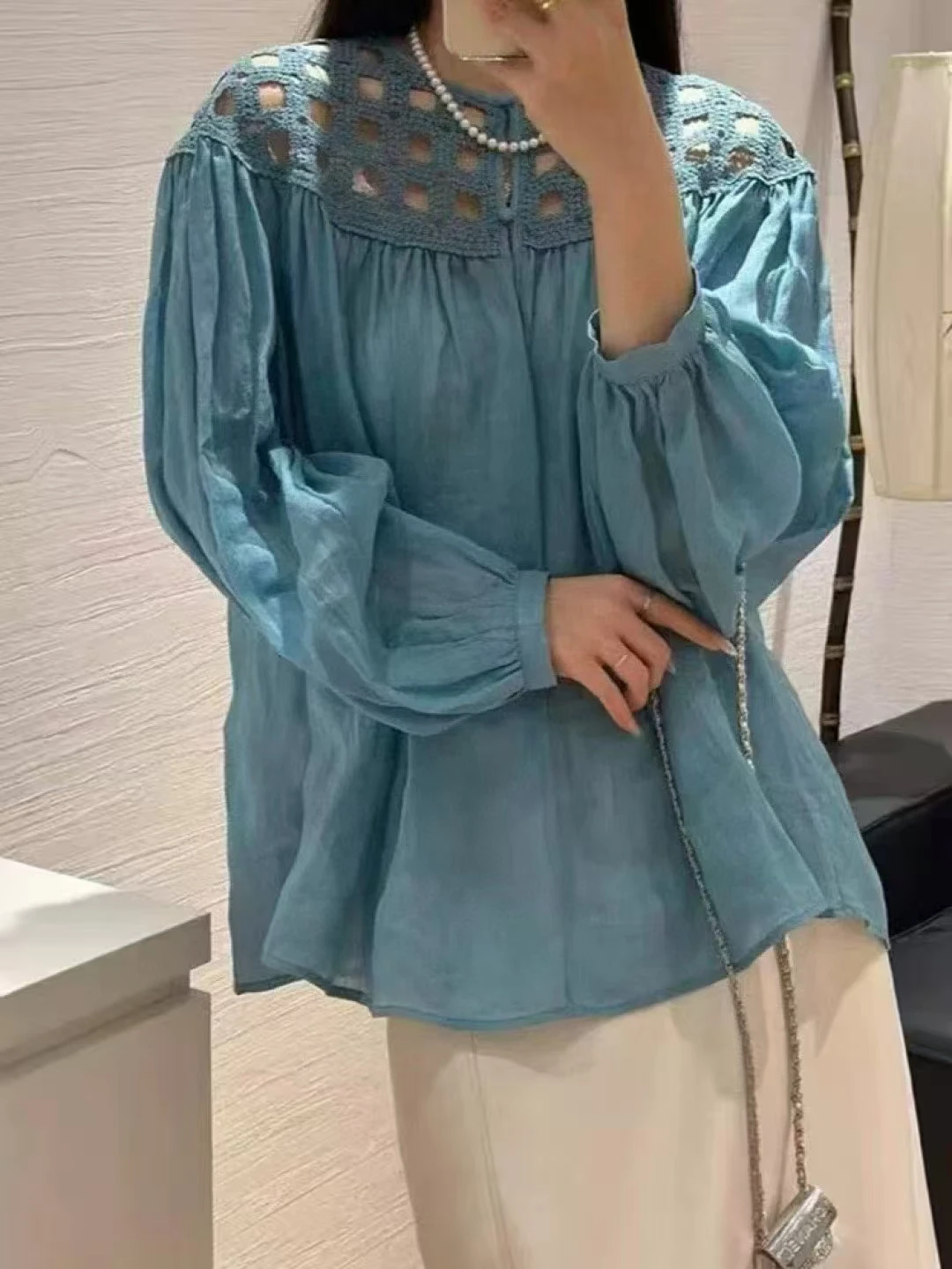 Lente/zomer nieuwe Ramee stof ronde hals schouder holle top bladerdeeg mouw comfortabele mode losse damesshirt S-XL