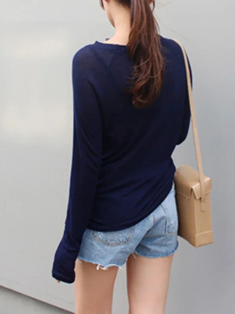 Koreanischen Stil Top Frühling Sommer Blau Casual T-Shirt Für Frauen Dünne Leicht Durchscheinende Sexy Langarm T-shirts Frauen T Shirt