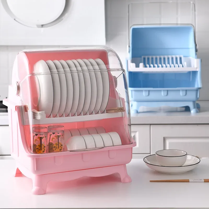 

Double-Layer Large Dish Rack with Lid Kitchen Tableware Box Household Plastic Cupboard Drain Basket Kitchen organization