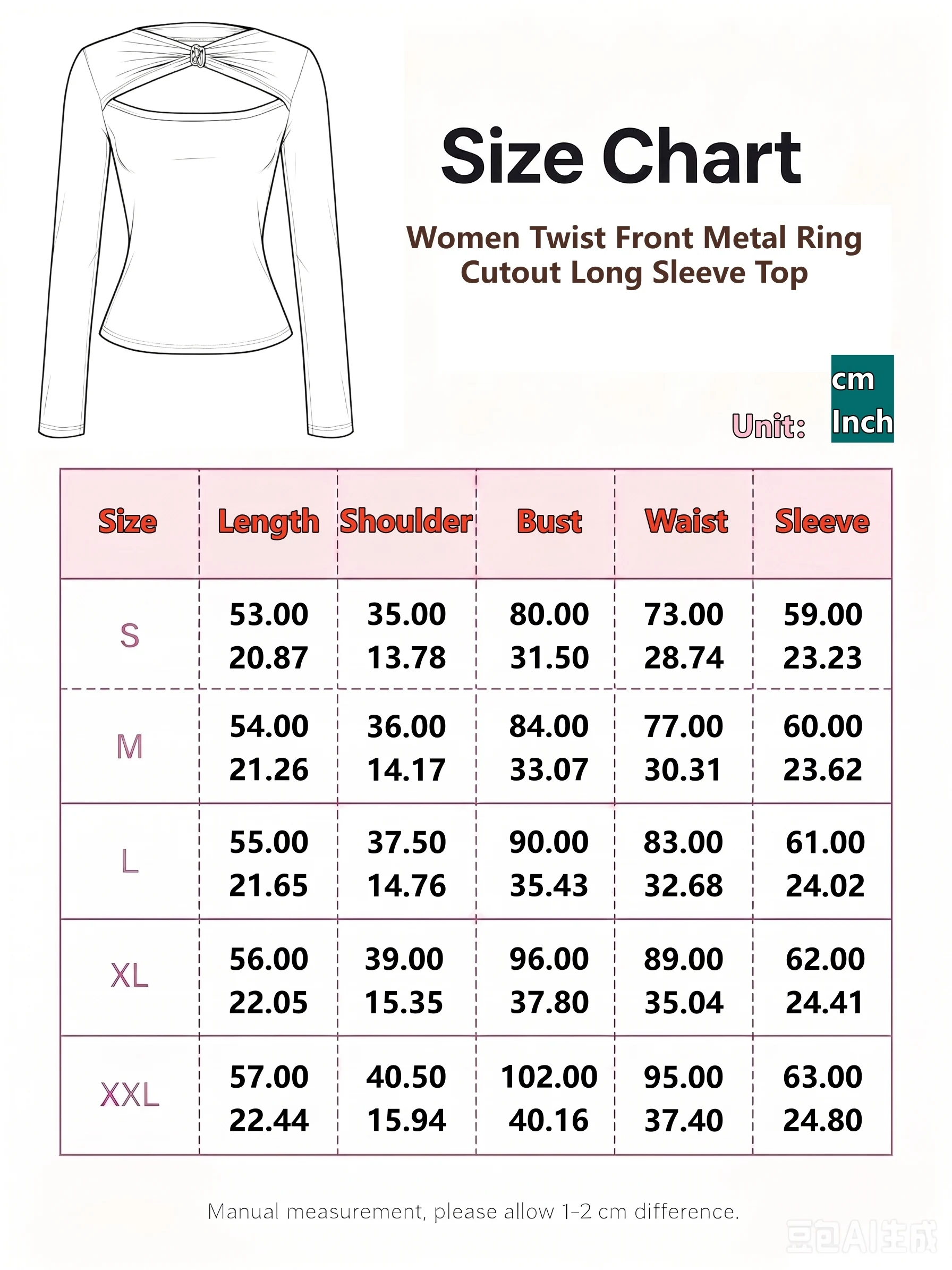 Damen Twist-Front-Oberteil mit Metallring-Ausschnitt, Langarm, Einfarbig Braun, Figurbetont, U-Ausschnitt, Sexy Basic-T-Shirt für Nachtclub und Alltag – Detail 1
