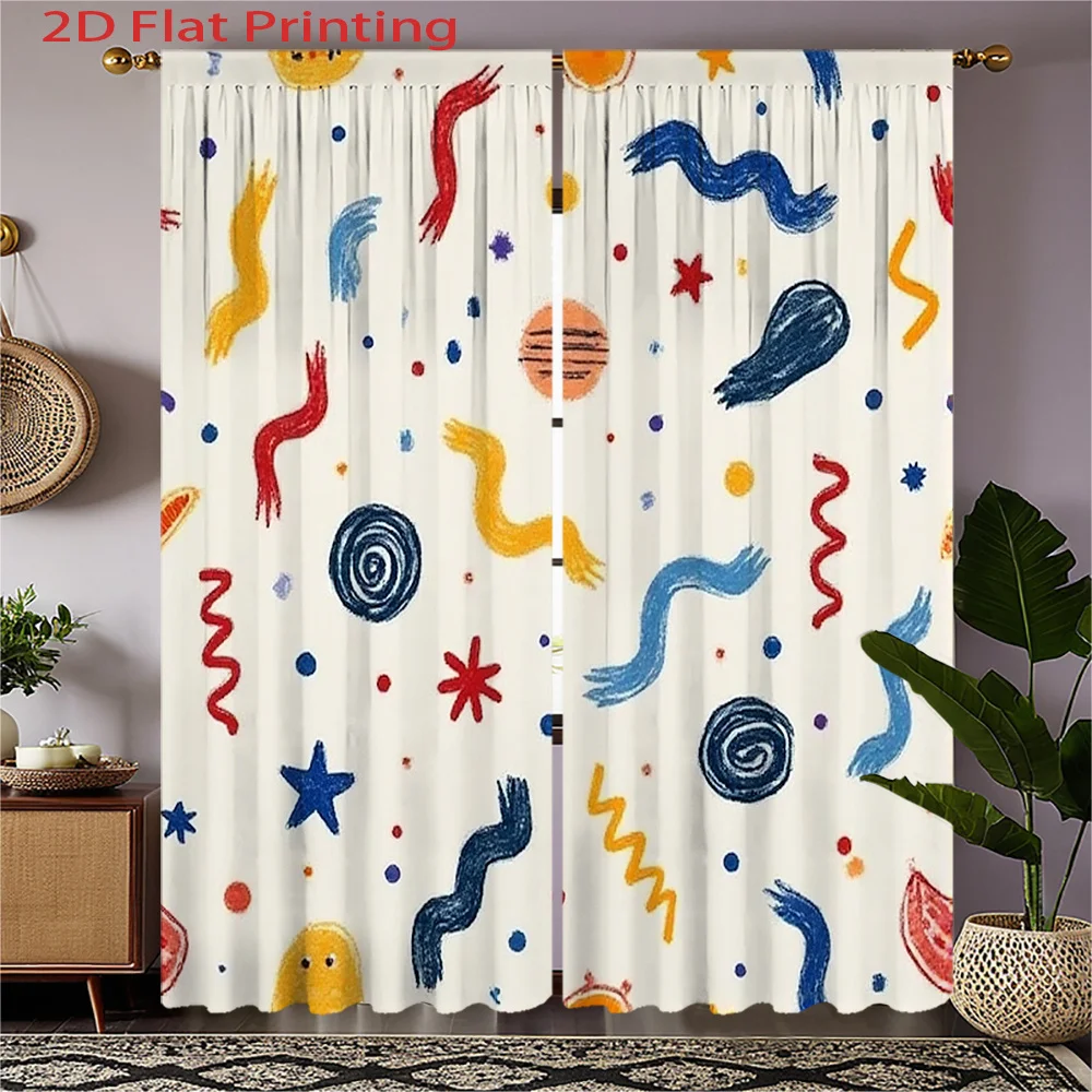 2D Flat, 2pcs, 2D Flat Printing Curtains, Colorful Abstract Pattern with Stars Planets and Swirls, Rod Pocket Style Velvet Fabri