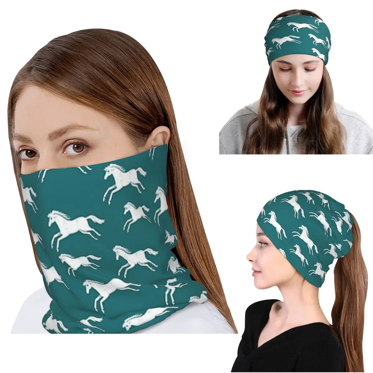 

Бандана с изображением белых лошадей на сине-зеленном фоне, многофункциональная повязка на голову, шапка-бини, унисекс, для взрослых, на все сезоны
