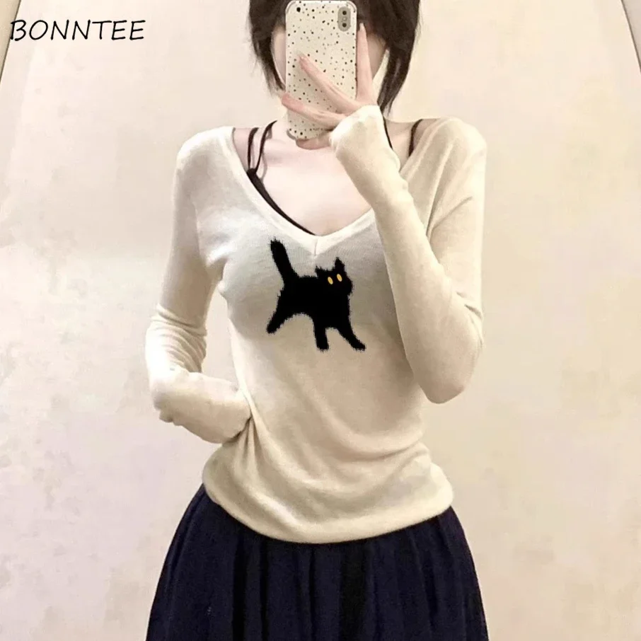 

V-neck Knitted Pullovers Women Autumn Y2K Hotsweet Girls All-match Skin-friendly Chic Aesthetic Cat Printing Design Temper New