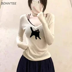 V-neck Knitted Pullovers Women Autumn Y2K Hotsweet Girls All-match Skin-friendly Chic Aesthetic Cat Printing Design Temper New