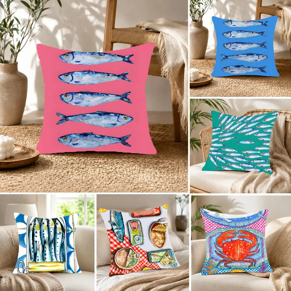 Fresh Marine S-Sardine Lobster Fish Ocean Cushion Cover Fluffy velvet Nordic style plush Living room sofa decorative