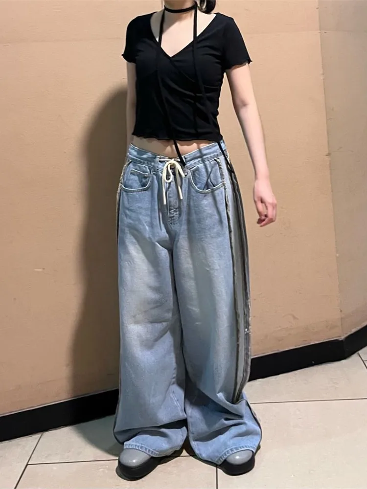 

2024 Ropa Y2K Streetwear Vintage Blue Patchwork Baggy Stacked Jeans Pants For Women Clothes Wide Leg Lady Loose Denim Trousers