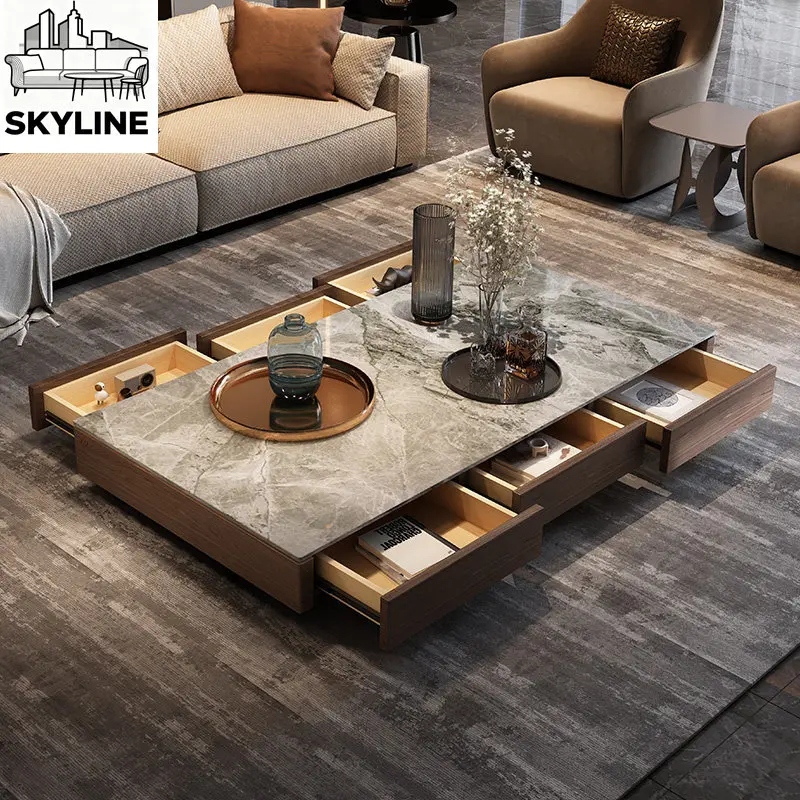 Solid wood marble coffee table household walnut high-end sense of size modern apartment