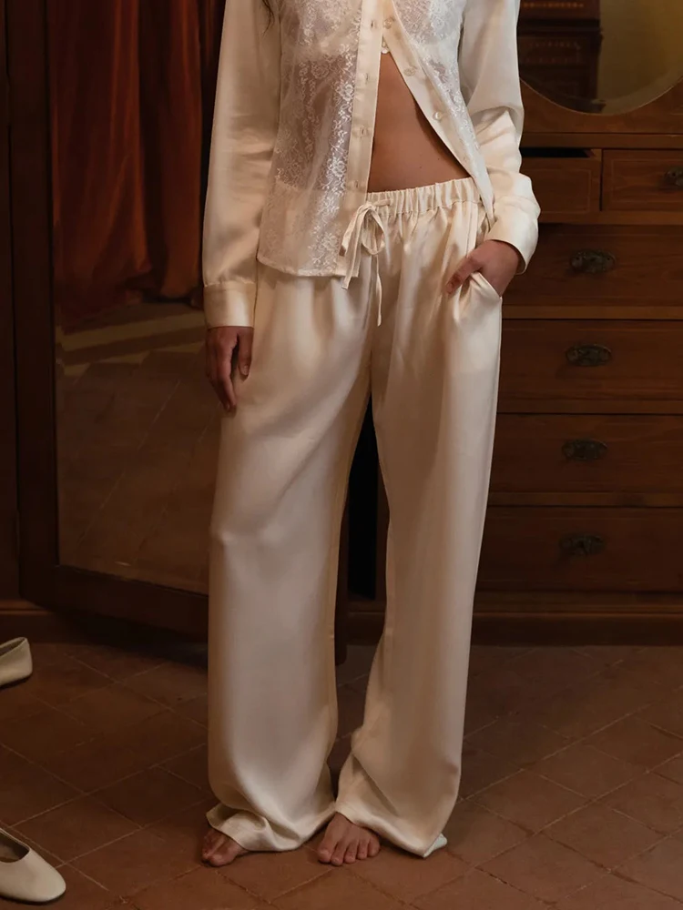 Articat Fashion Lace Satin Patchwork Slim Long Pants Women Solid Color Straight Pants Female Spring New Casual Home Pants 2026