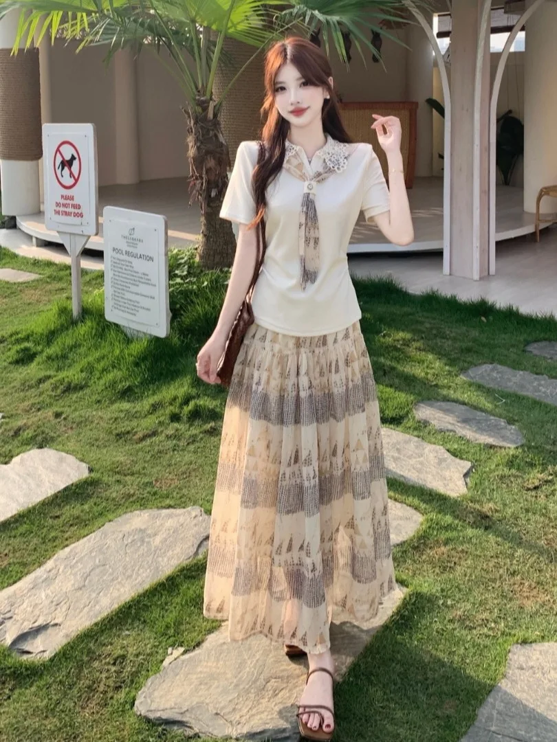 

plus Size Fashion Set Summer New Design Bow Tie Short Sleeve Top Stylish Print Half-length Long Skirt Korean Style Loose Fit