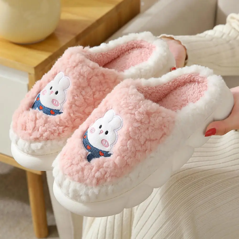 Winter Warm Slippers For Women Men Slippers Soft Bottom Heightening Cartoon Rabbit Pattern Fluffy Furry Slippers Bedroom Slides