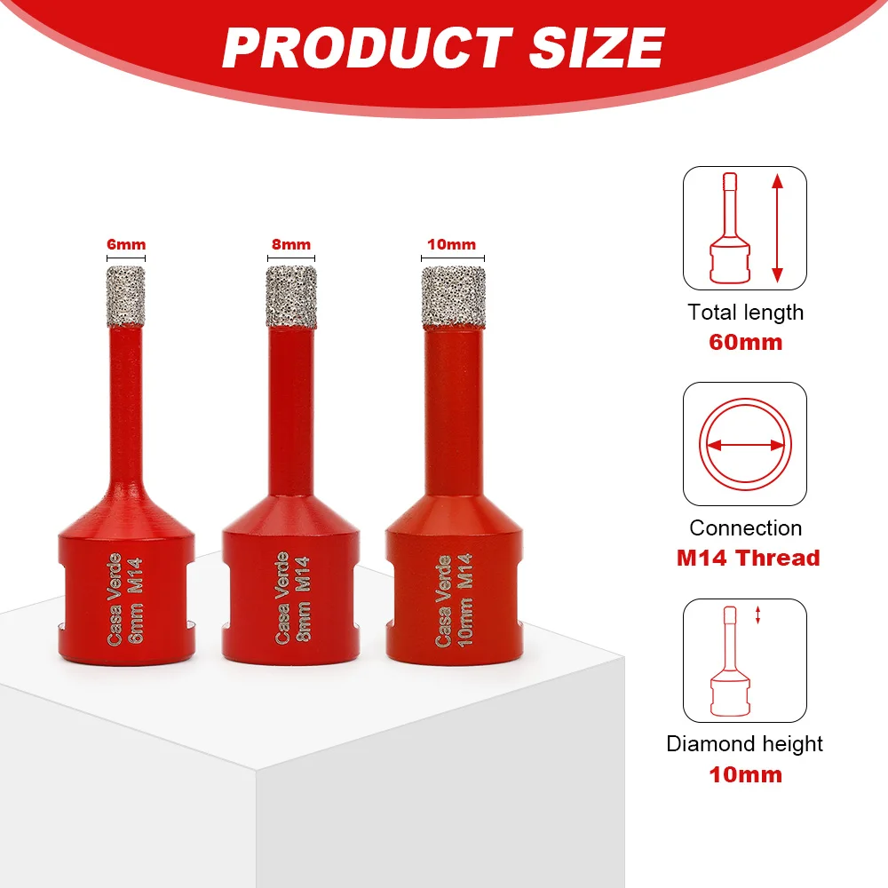 

Dry Diamond Drill Bits Set 3pcs of 6/8/10mm Porcelain Tile Drill Bit for Granite,Ceramic,Marble,Tile Stone,Glass,Hard Materials