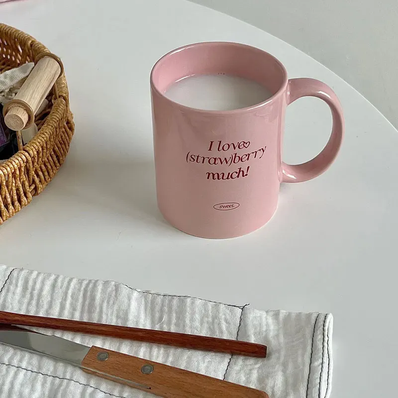 Lovely, I Like Strawberries Very Much! Korean Ceramic Coffee Cup Pink Letter Breakfast Milk Cup Home Office Drink Cup Girl Gift