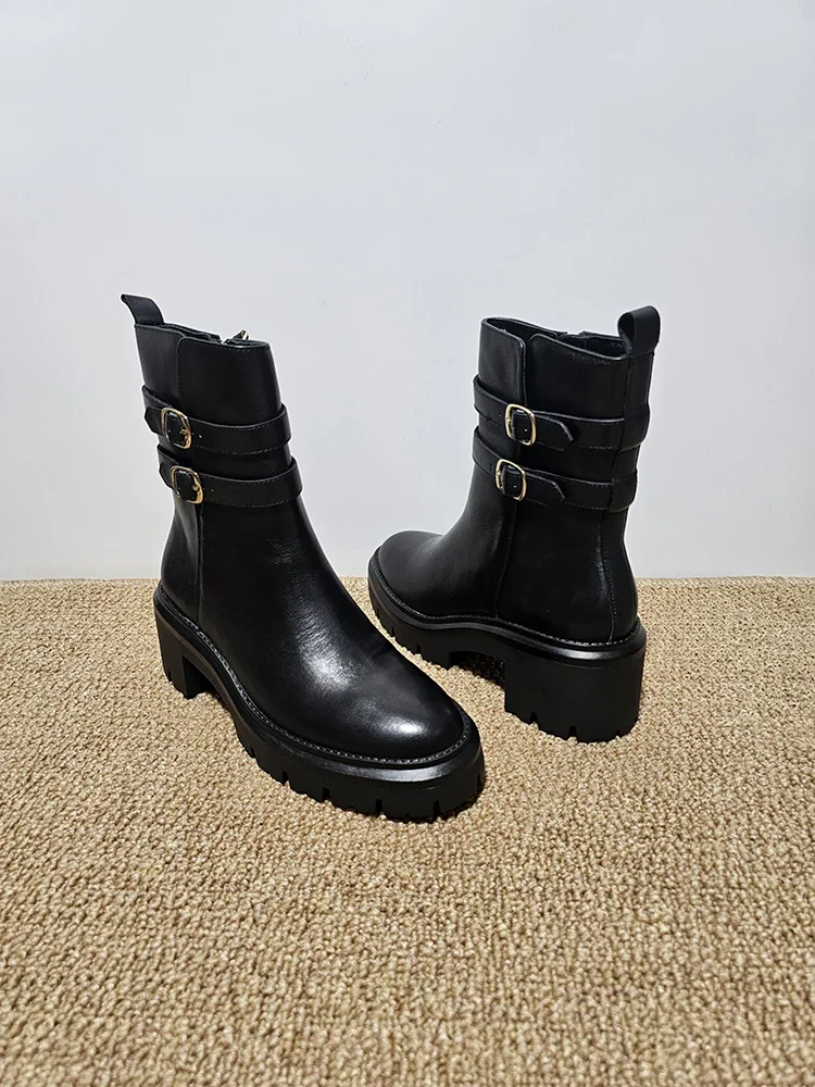 2024 New Fashion Chunky High Heels Women\'s Boots Casual Party Woman Shoes Black Boots Winter Zipper Leather Short Boots