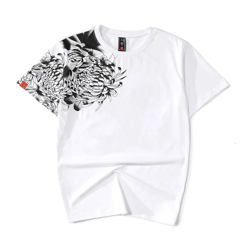 Lyprerazy Harajuku Japanese T Shirt Wave Carp fish Flower Embroidery Black Streetwear 100% Cotton Hip Hop Print T-Shirts