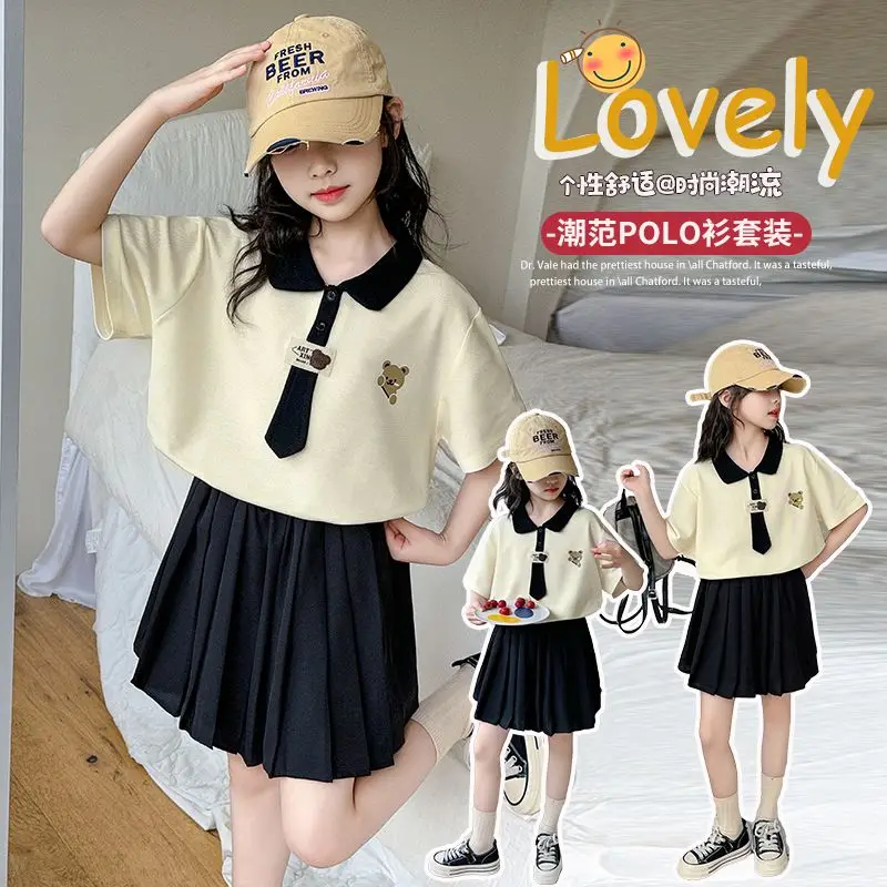 2026 Summer New Arrival Big Girls Dress Set Preppy Style Fashion Short Sleeve Pleated Skirt 2 Piece Outfit