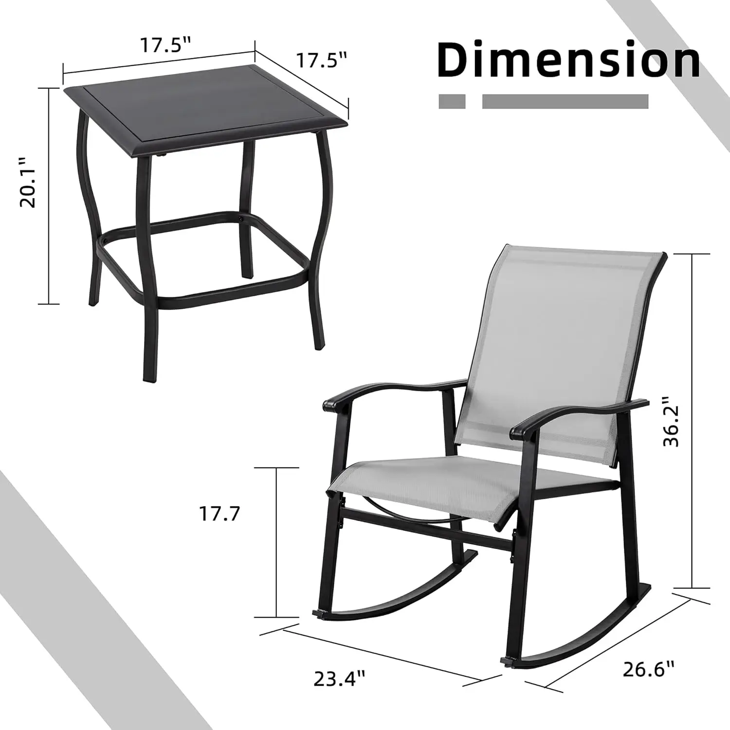 3 Piece Outdoor Rocking Bistro Set, Front Porch Rocker Chairs Conversation Set with Glass Table for Lawn, Garden, Balcony