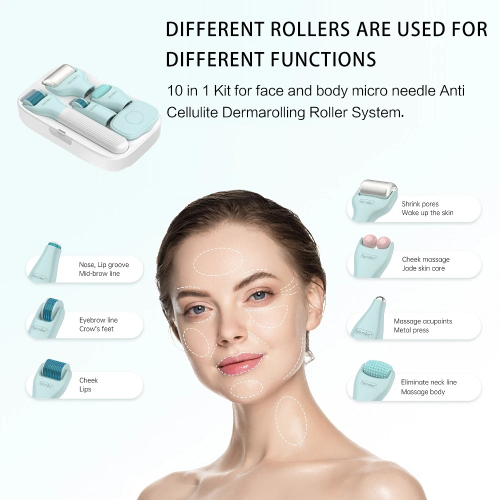 10 In 1 Derma Roller Kit Gezicht Massager Jade Ijs Roller Baard Haar Groei Microneedling Derma Rolsysteem Gezichtsverzorging