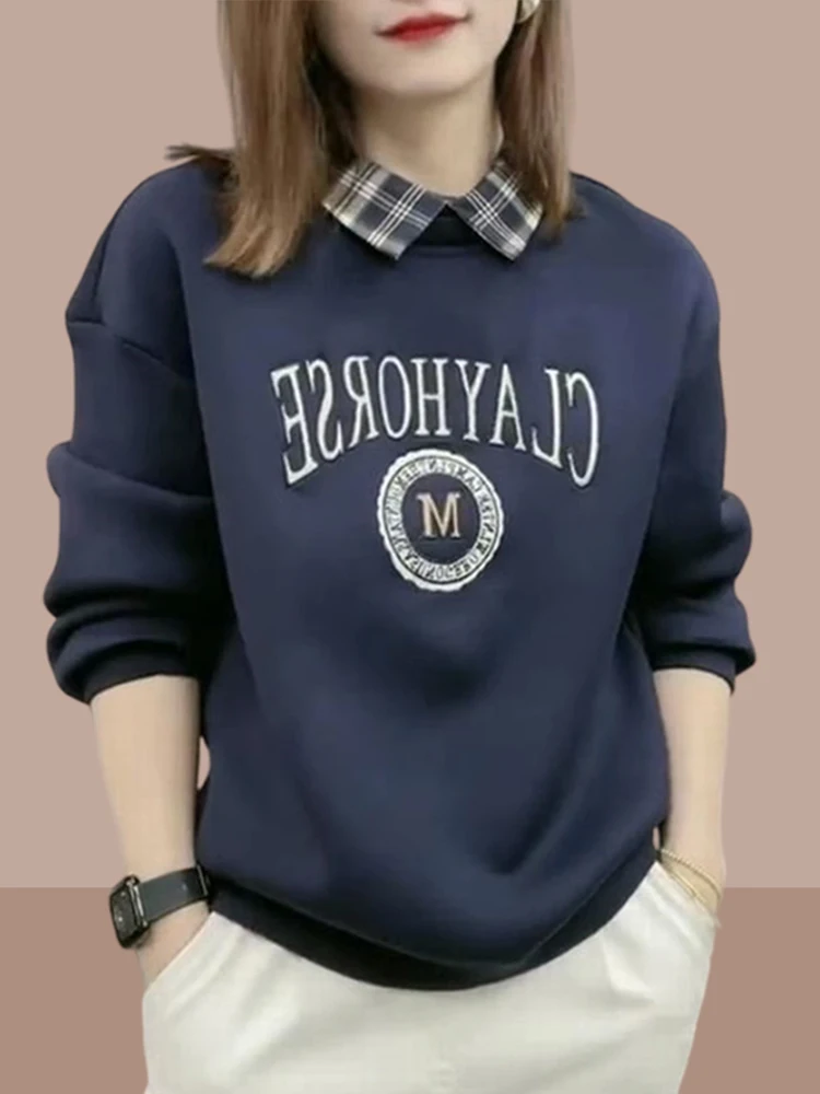 Loose Fit Long Sleeve  Collar Sweatshirt Women's Casual Style Plaid Shirt Autumn Fashion Outerwear Deep Blue Color