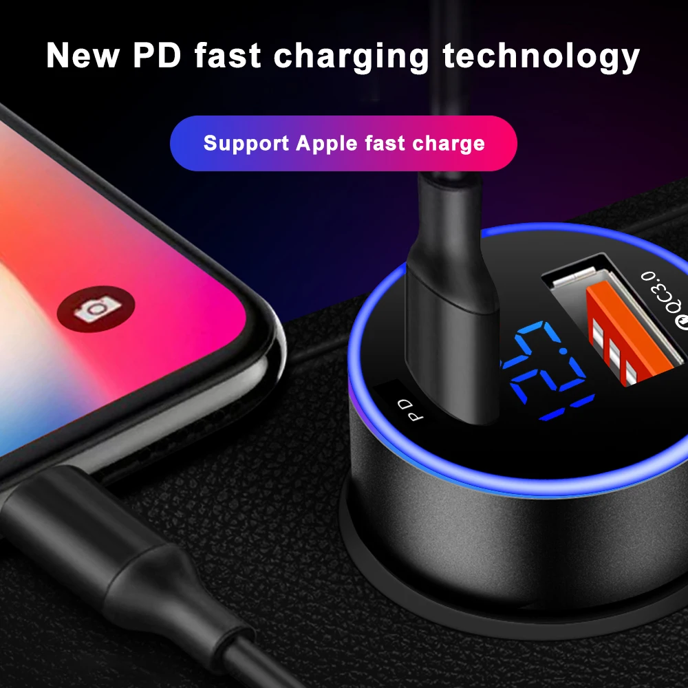 Car Charger Quick Charge LCD Display PD QC3.0 QC SCP 6A Type C 36W Fast Car USB Charger For iPhone Xiaomi Samsung Huawei
