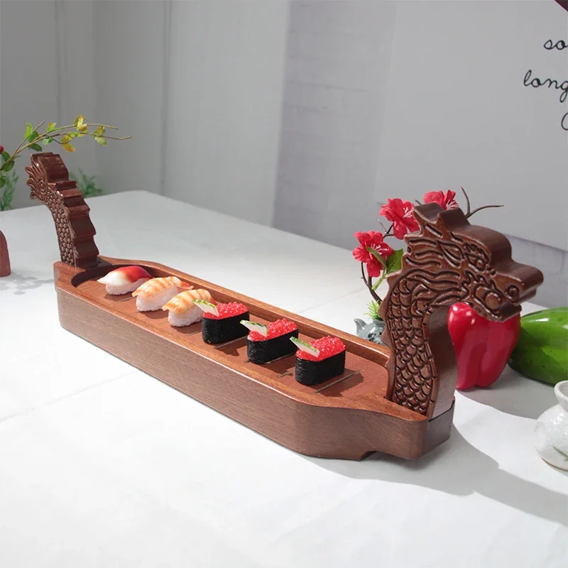 Wooden Dragon Boat Dry Ice Seafood Boat Buffet Platter Table Dish Creative Sushi Bento Boat for Onigiri and Catering