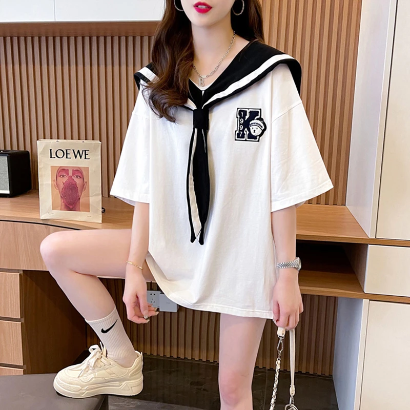 plus Size Women's Cotton ort Sve T-irt Summer 2026 Trendy Doll Collar Top Slimming Belly Covering Korean Sle view 2