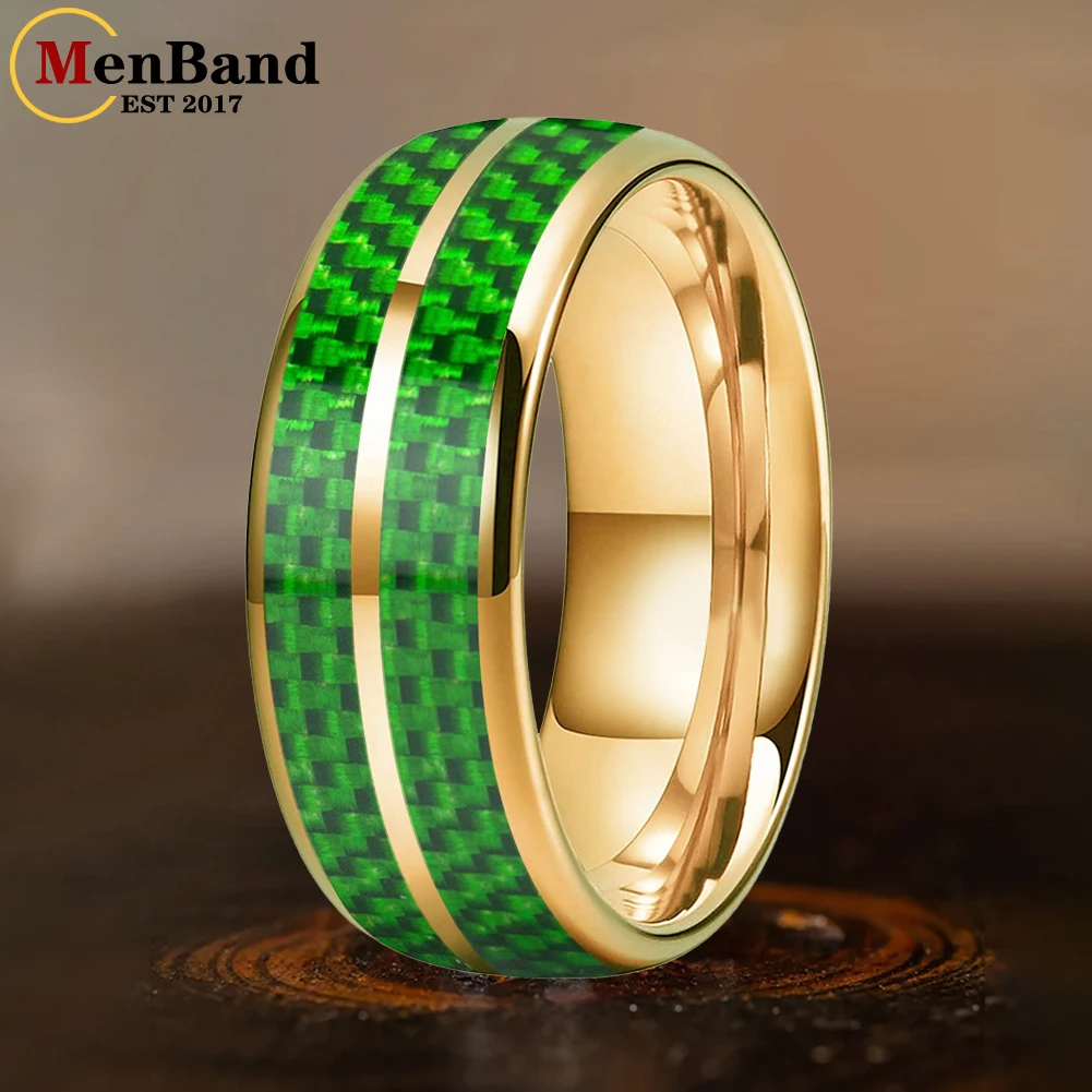 MenBand 6/8mm Domed Double Groove Green Carbon Fiber Inlay Tungsten Ring for Men Women Fashion Engagement Wedding Band