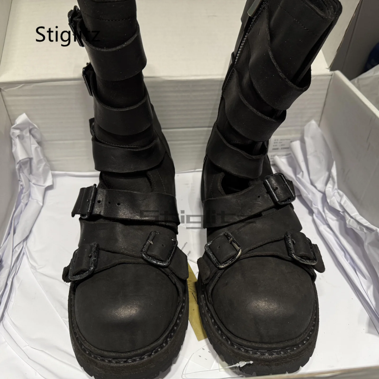 Punk Retro Thick Soled Motorcycle Boots Men Black Soft Leather Belt Buckle Knight Boots Increased Height Trendy Men's Shoes