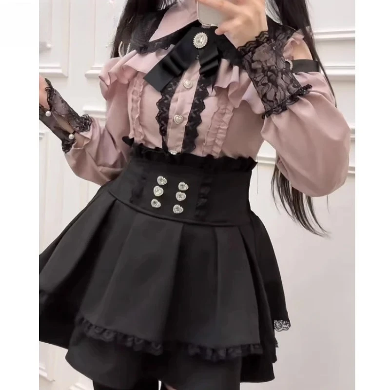 

Sweet Cute Girl Lapel Single-breasted Tops and High-waisted Short Skirt Set Summer Original Japanese Mass-produced Shirt