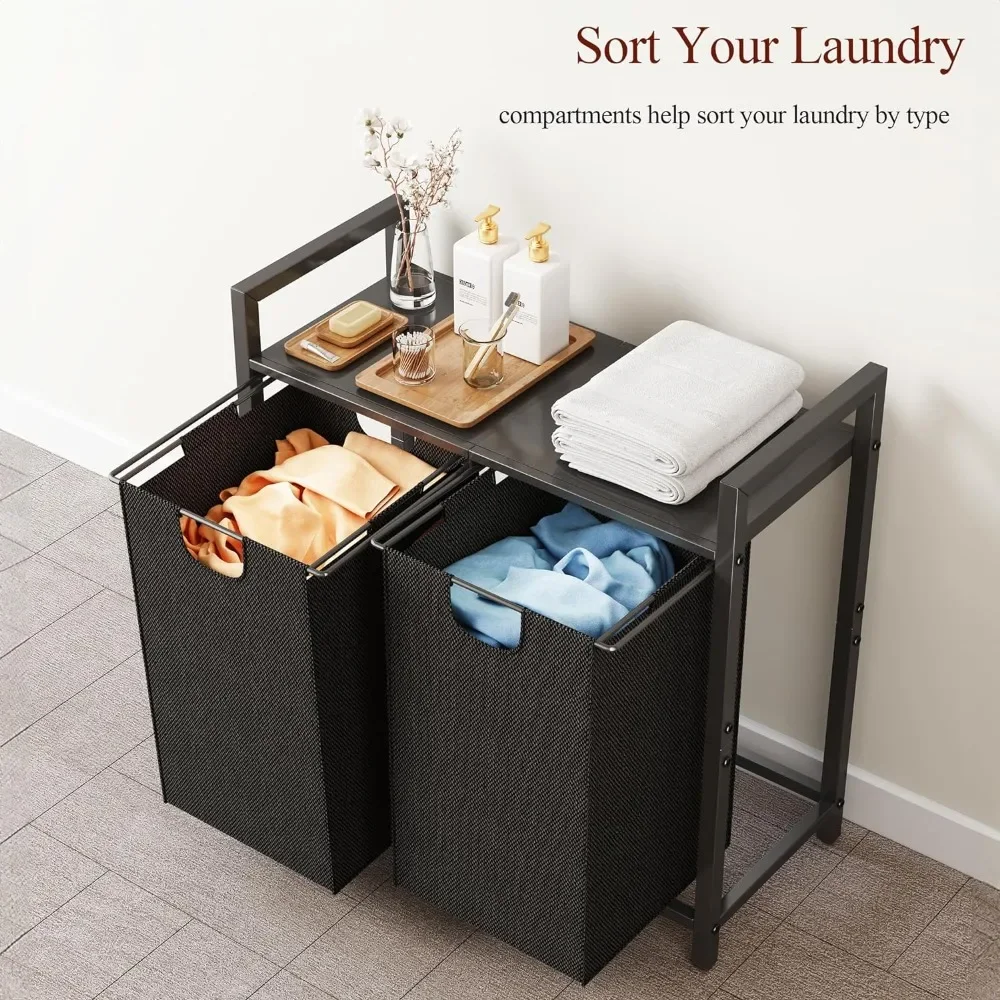 Laundry Basket Organizer, Laundry Hamper with Shelf & 2 Pull-Out Removable Bags, Dirty Clothes Hamper Organizer