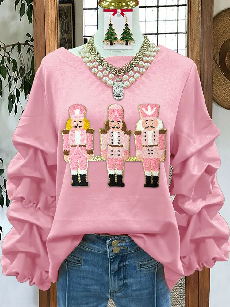 Classic Christmas Nutcracker Embroidered Pleated Sweatshirt