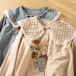 Mori girl peter polka dot pan collar loose cotton shirt women flower embroidery long sleeve blouses Japanese vintage clothes