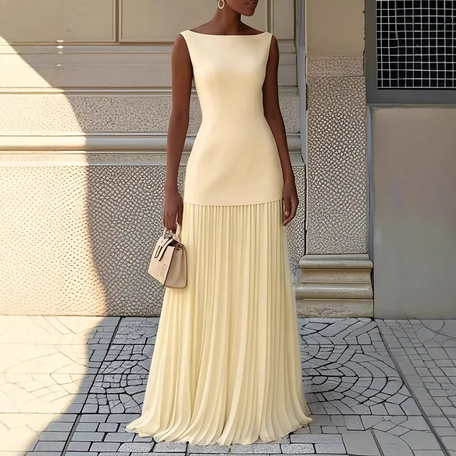 Women's Elegant Solid Pleated Skirt Sets Splice Pleated Two Piece Sexy Slash Neck Sleeveless Tank Top Outfits Hollow Slim Suits