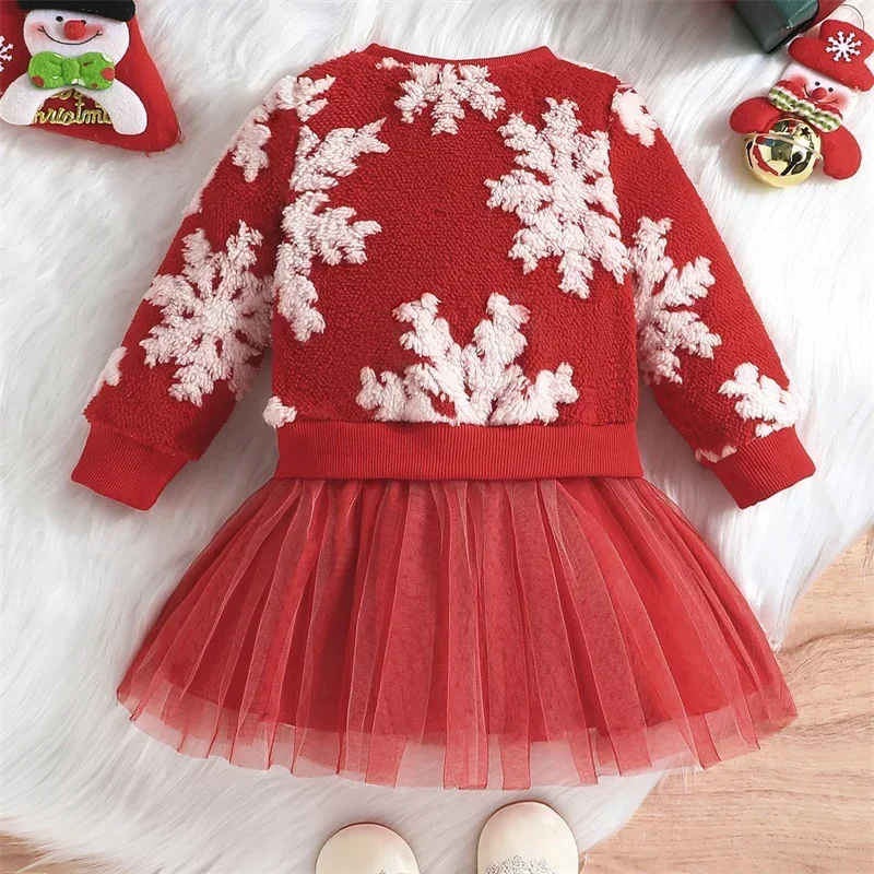 Kids Girl Winter Christmas Tulle Mesh Lace Dress Long Sleeve Patchwork Party Dress Fleece Sweatshirt Dress Xmas Costume 1-8Y