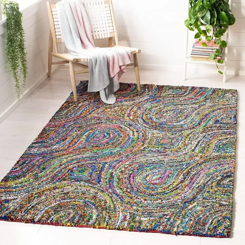 9' x 12' Multicolored Handmade Boho Abstract Cotton Rug, Perfect for High Traffic Living and Bedroom Areas