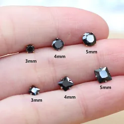 3 4 5m Black Zircon Round And Square Brief Stud Earrings 316L Stainless Steel IP Planting No Fade Anti Allergy