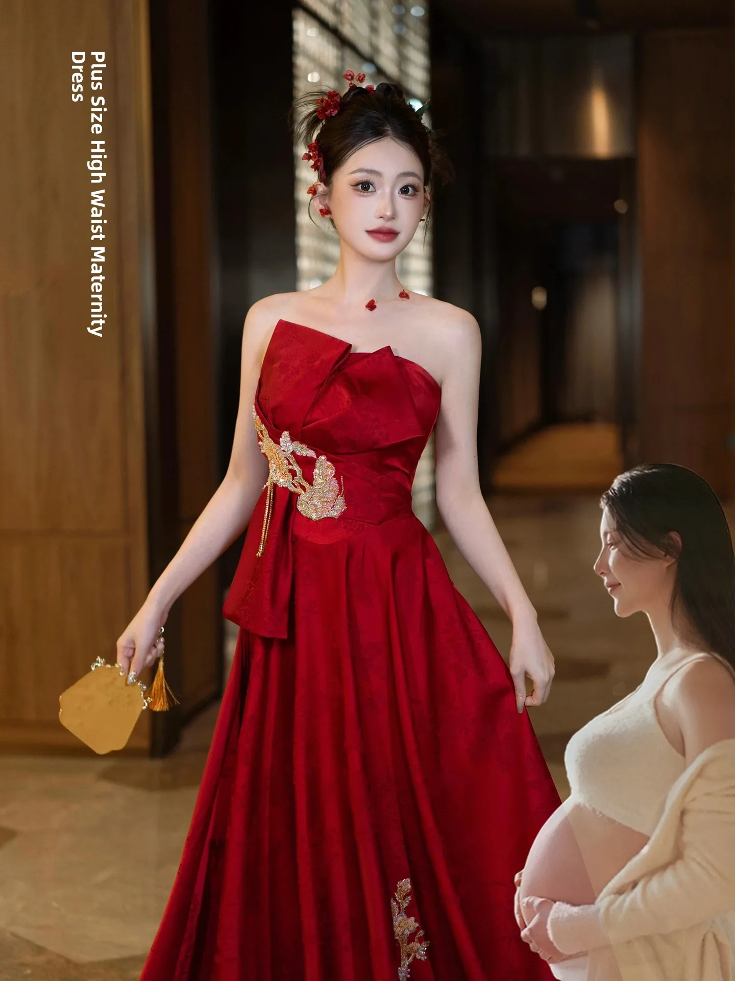 

New Chinese Sle Wedding Dr Red High-End Materni Gown Bridesmaid Long Skirt Vintage Belt High Waist A-Line Gown